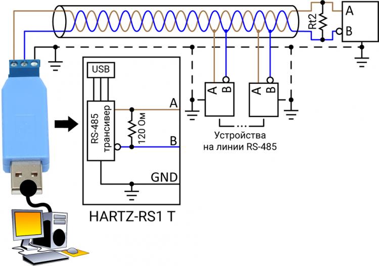 Подключение конвертера HARTZ-RS1 T