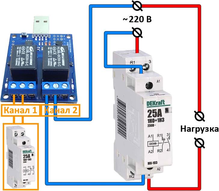 Рис.4 - Схема подключения контактора к USB термостату c 2 релейными каналами RODOS-6 для управления мощной нагрузкой